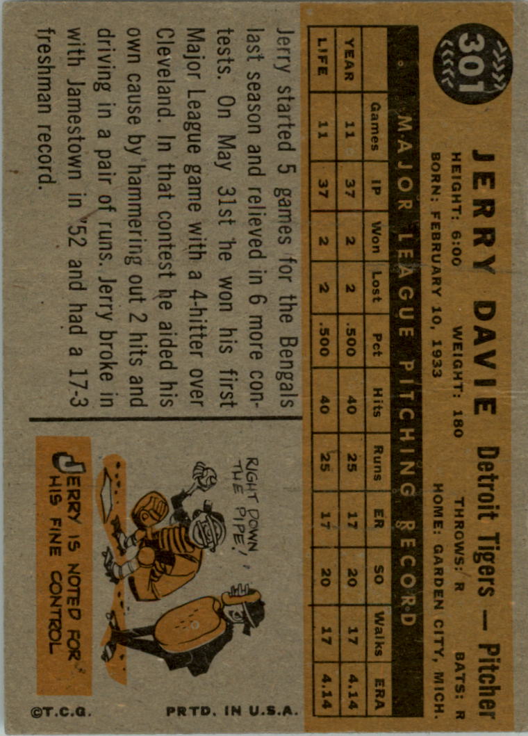 1960 Topps #301 Jerry Davie back image