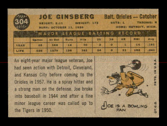 1960 Topps #304 Joe Ginsberg back image