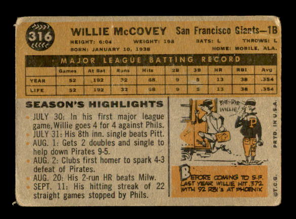 1960 Topps #316 Willie McCovey ASR RC back image