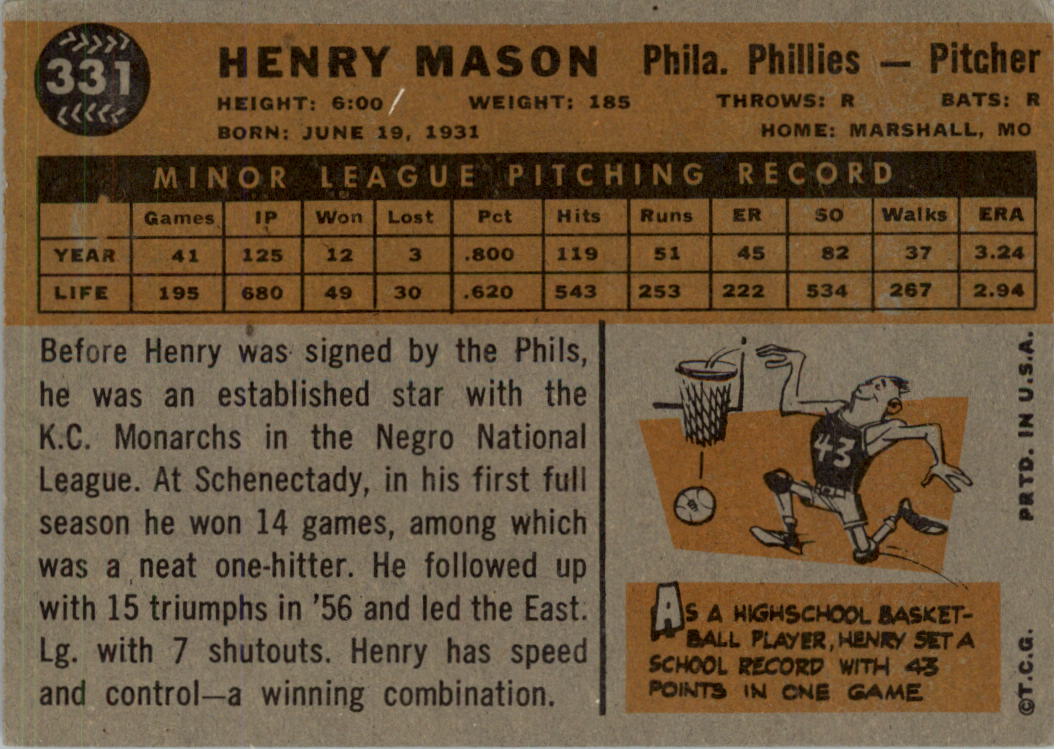 1960 Topps #331 Henry Mason RC back image