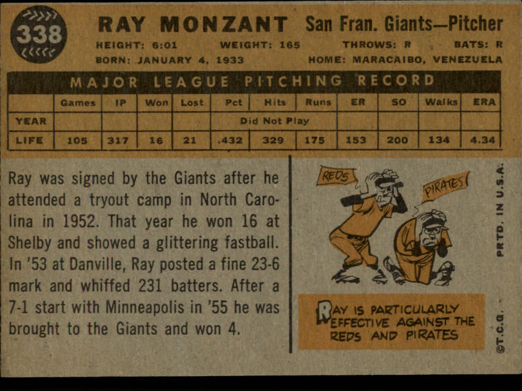 1960 Topps #338 Ray Monzant back image