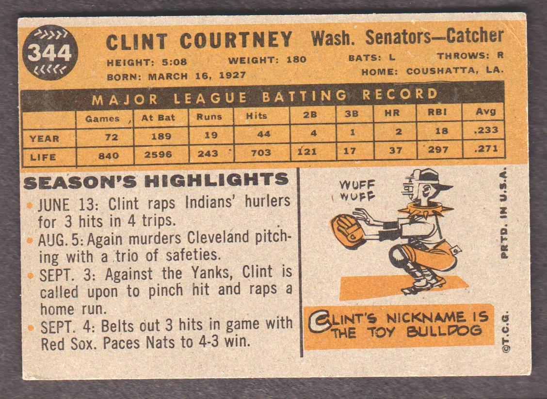 1960 Topps #344 Clint Courtney back image