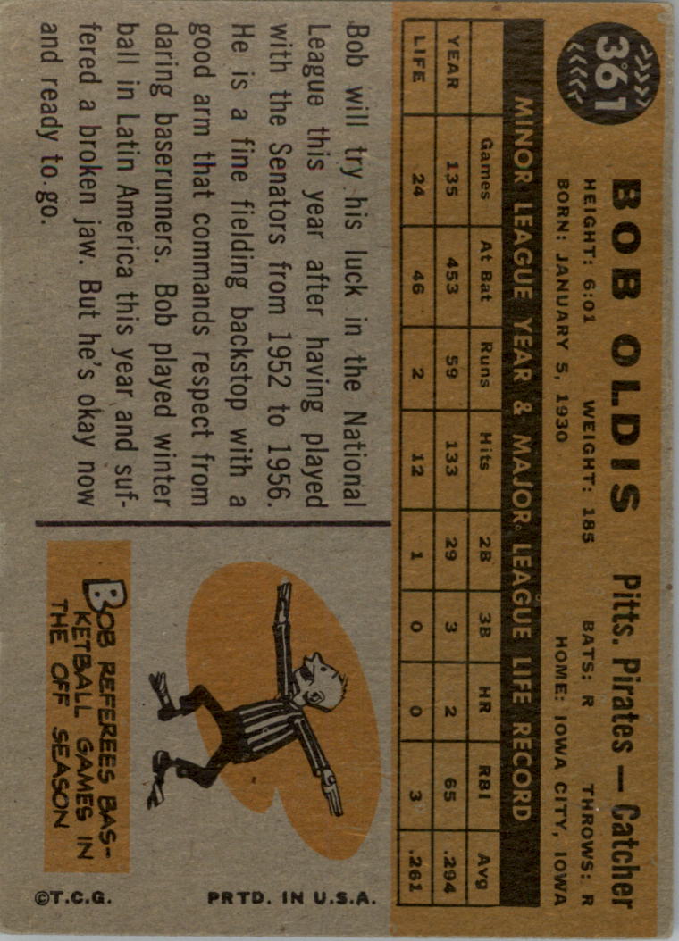 1960 Topps #361 Bob Oldis back image