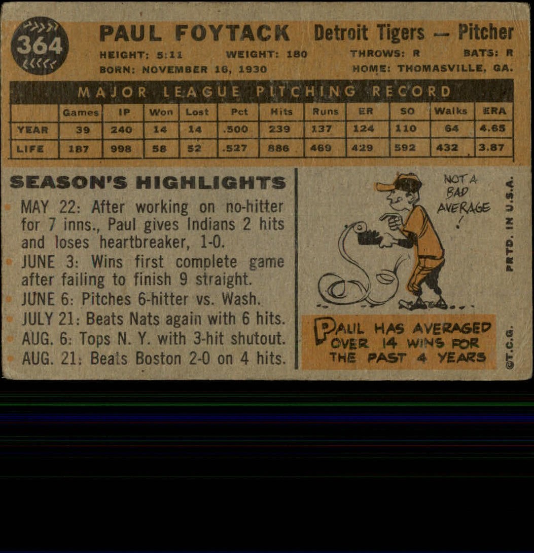 1960 Topps #364 Paul Foytack back image