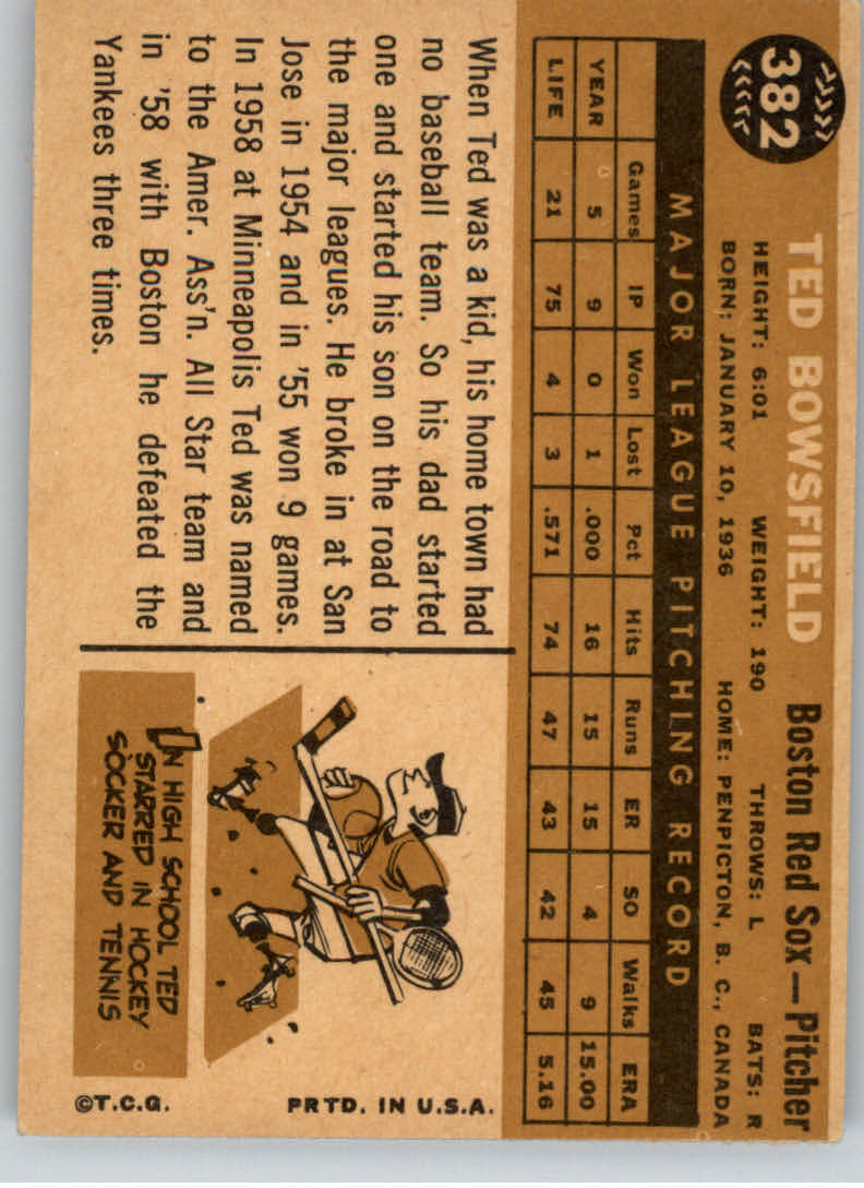 1960 Topps #382A Ted Bowsfield WB back image
