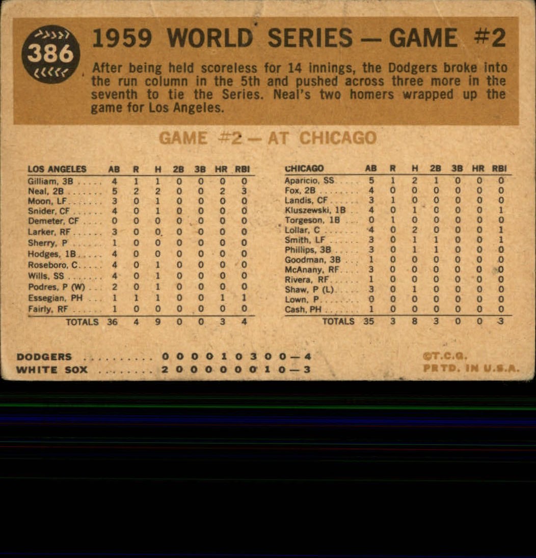 1960 Topps #386A World Series Game 2/Charlie Neal/Belts Second Homer WB back image