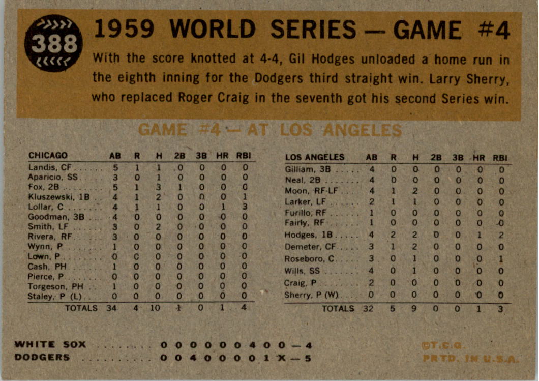 1960 Topps #388 World Series Game 4/Gil Hodges/Winning Homer back image