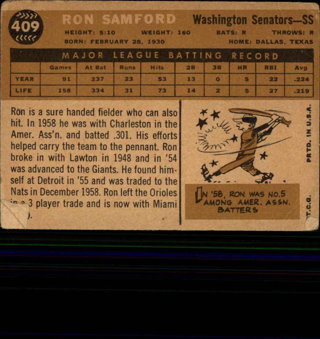 1960 Topps #409A Ron Samford WB back image