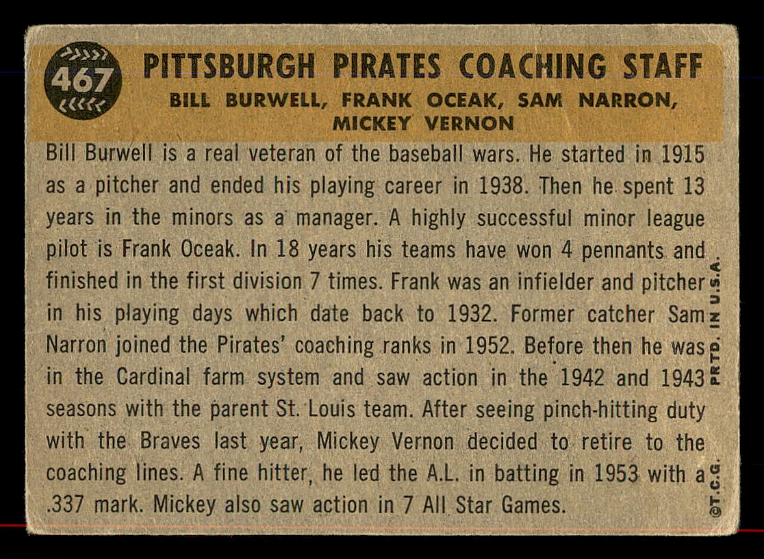 1960 Topps #467 Pirates Coaches/Mickey Vernon/Frank Oceak/Sam Narron/Bill Burwell back image