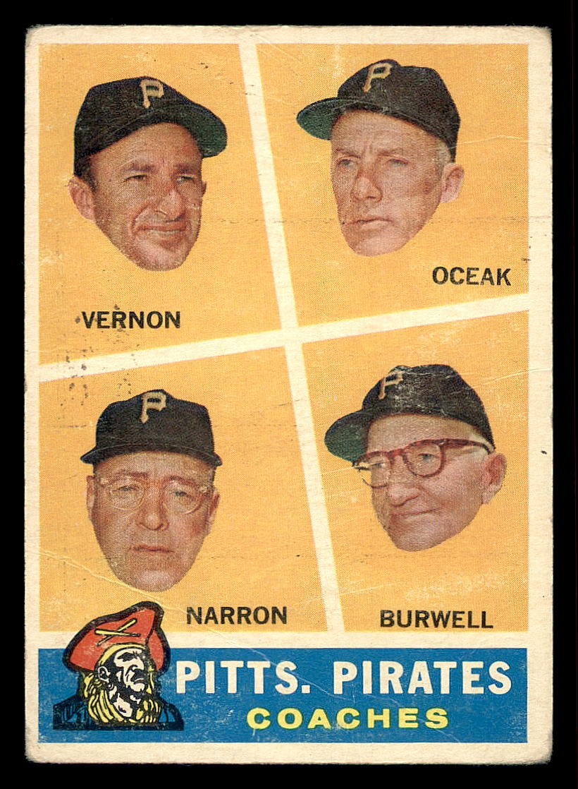 1960 Topps #467 Pirates Coaches/Mickey Vernon/Frank Oceak/Sam Narron/Bill Burwell