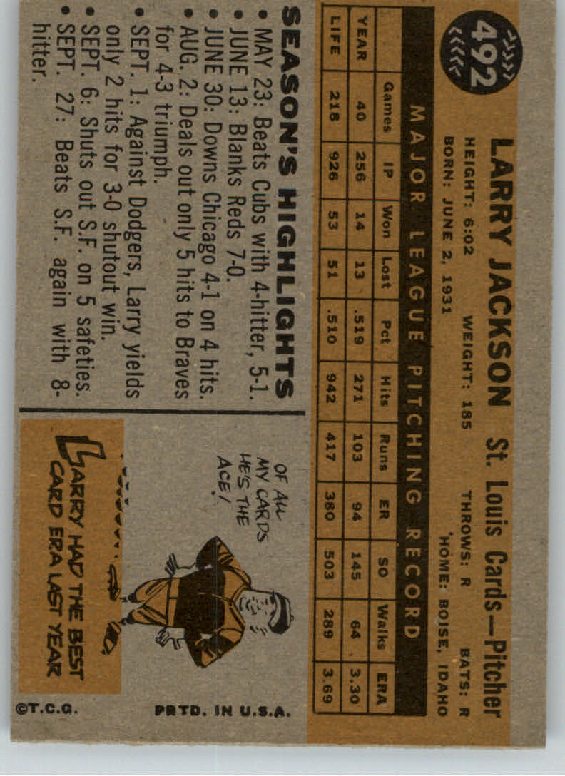 1960 Topps #492 Larry Jackson back image