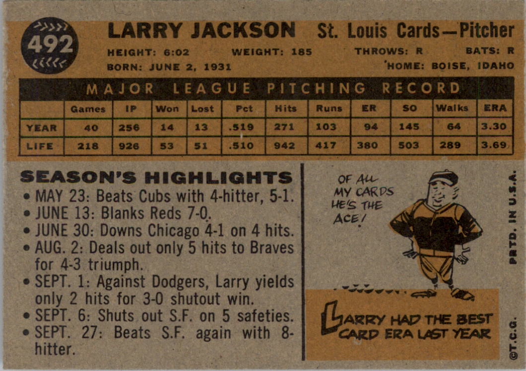 1960 Topps #492 Larry Jackson back image