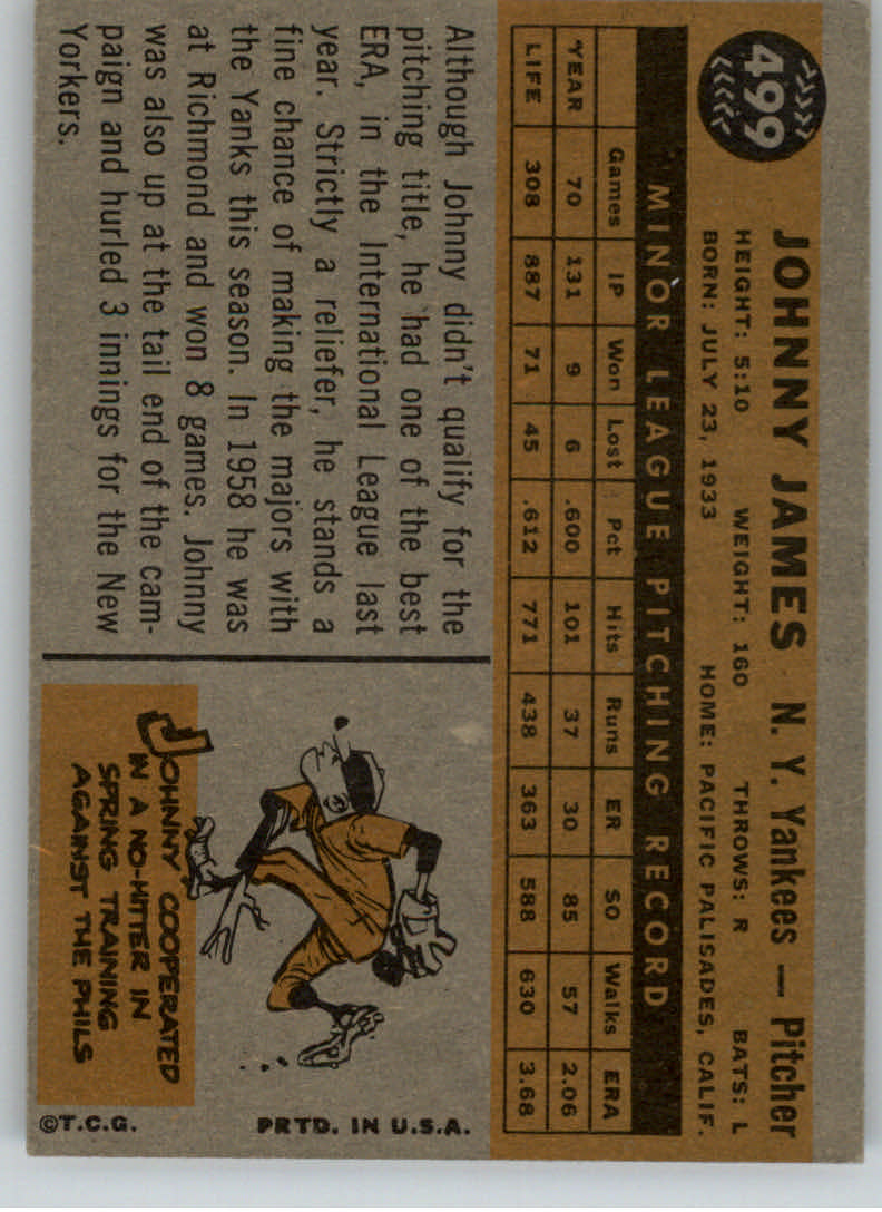 1960 Topps #499 Johnny James RC back image