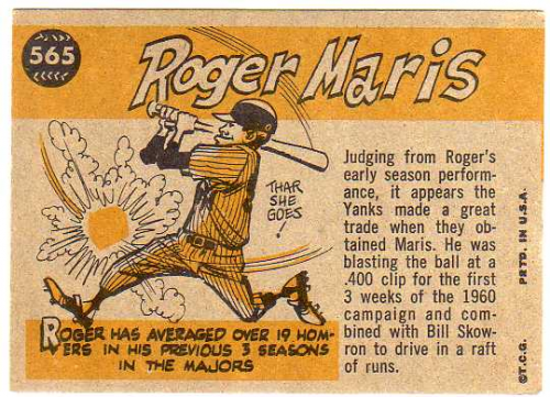 1960 Topps #565 Roger Maris AS back image