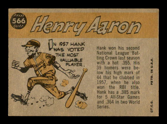 1960 Topps #566 Hank Aaron AS back image