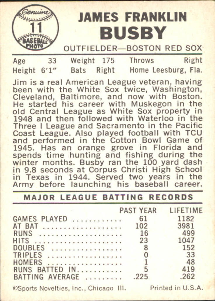 1960 Leaf #11 Jim Busby back image