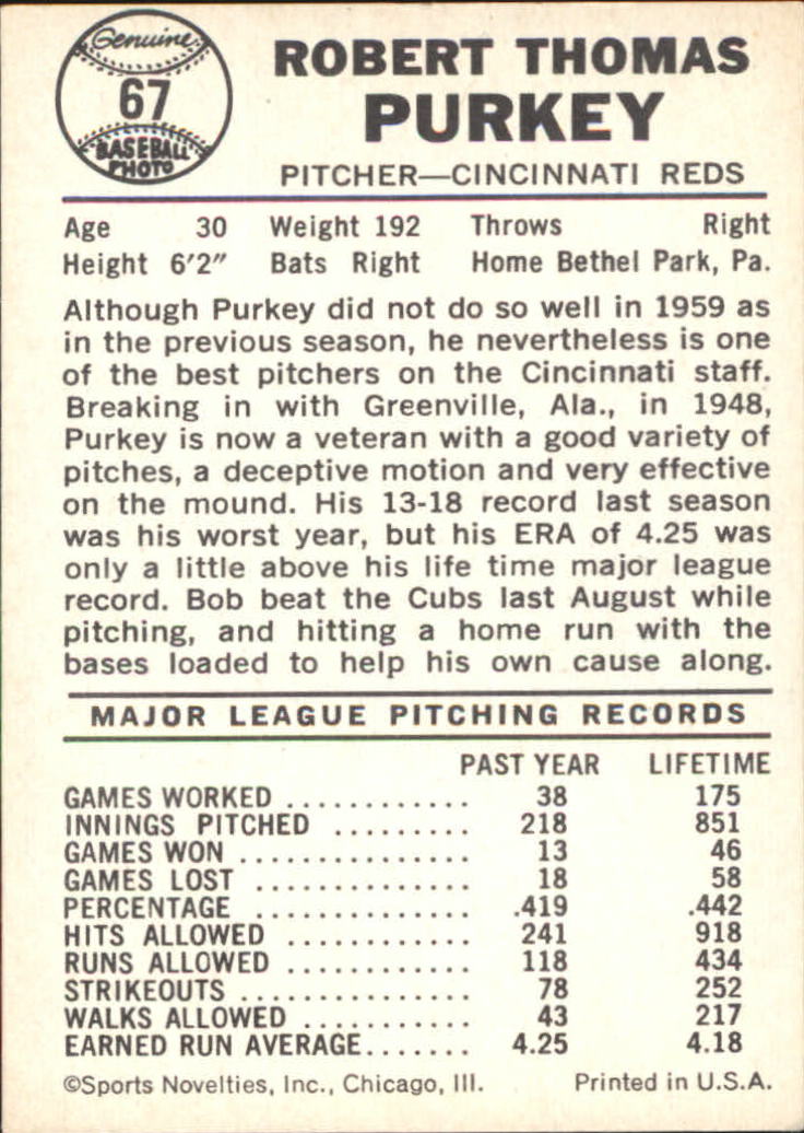 1960 Leaf #67 Bob Purkey back image