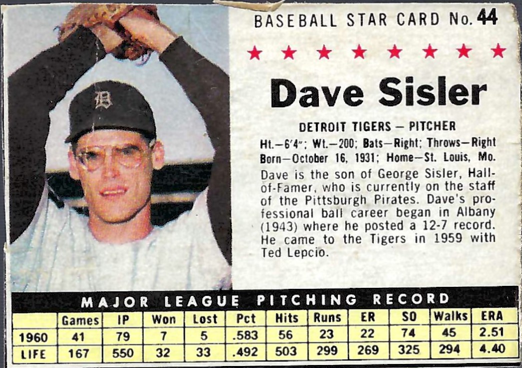 1961 Post #44 Dave Sisler BOX only