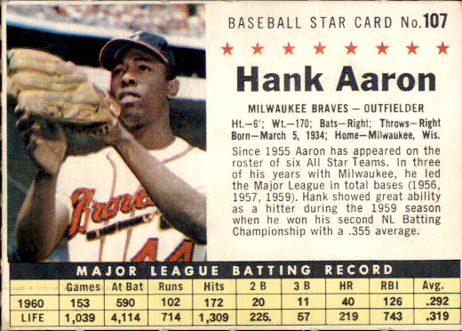 1961 Post #107A Hank Aaron COM