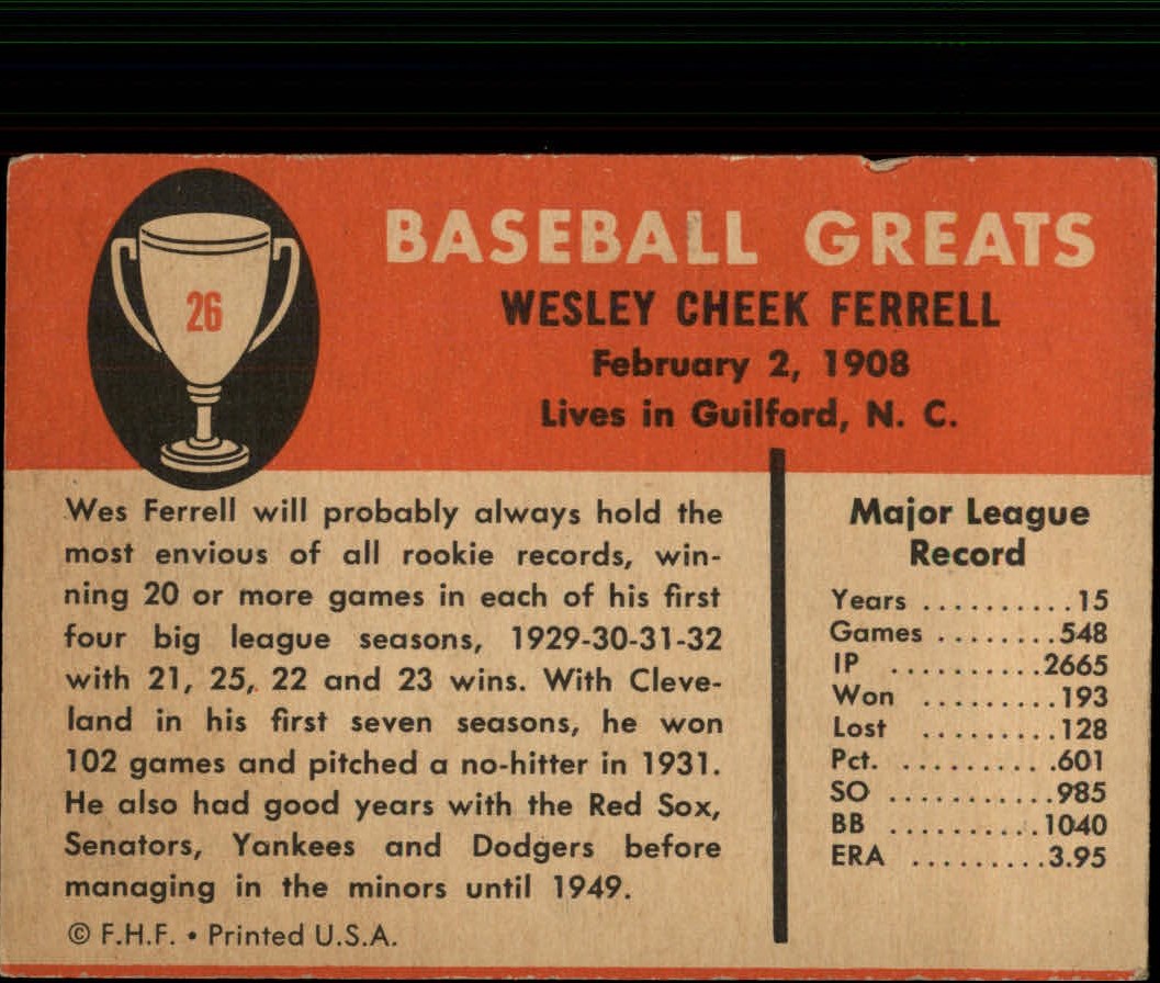 1961 Fleer #26 Wes Ferrell back image
