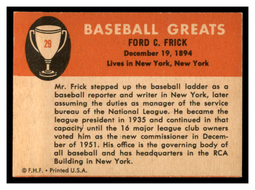 1961 Fleer #29 Ford Frick back image
