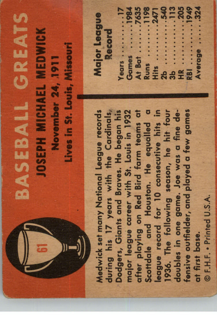 1961 Fleer #61 Joe Medwick back image