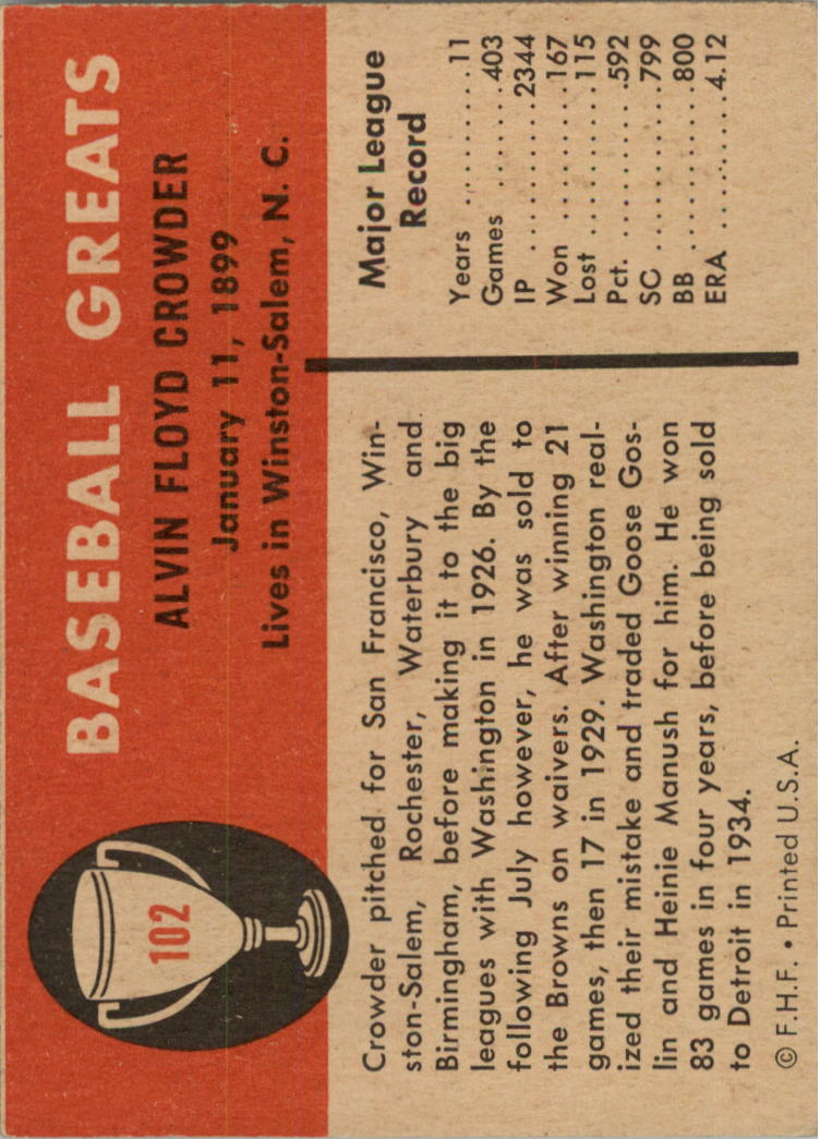 1961 Fleer #102 Alvin Crowder back image