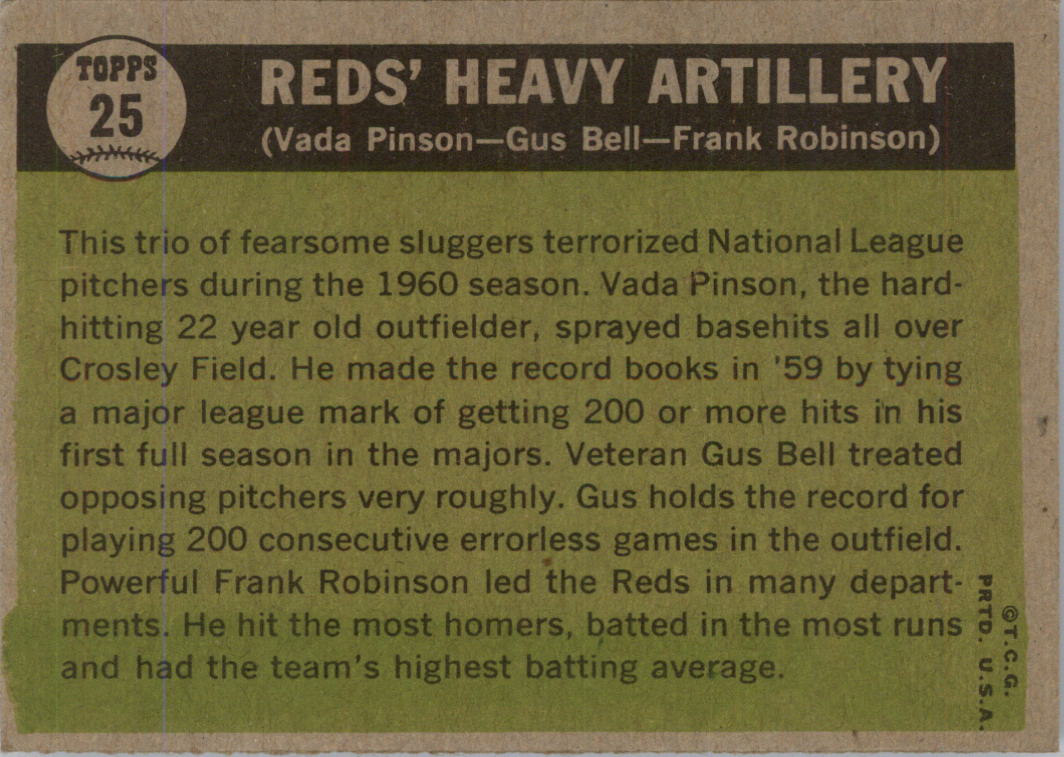 1961 Topps # 25 Reds Heavy Artillery [#] (w/Vada Pinson/Frank