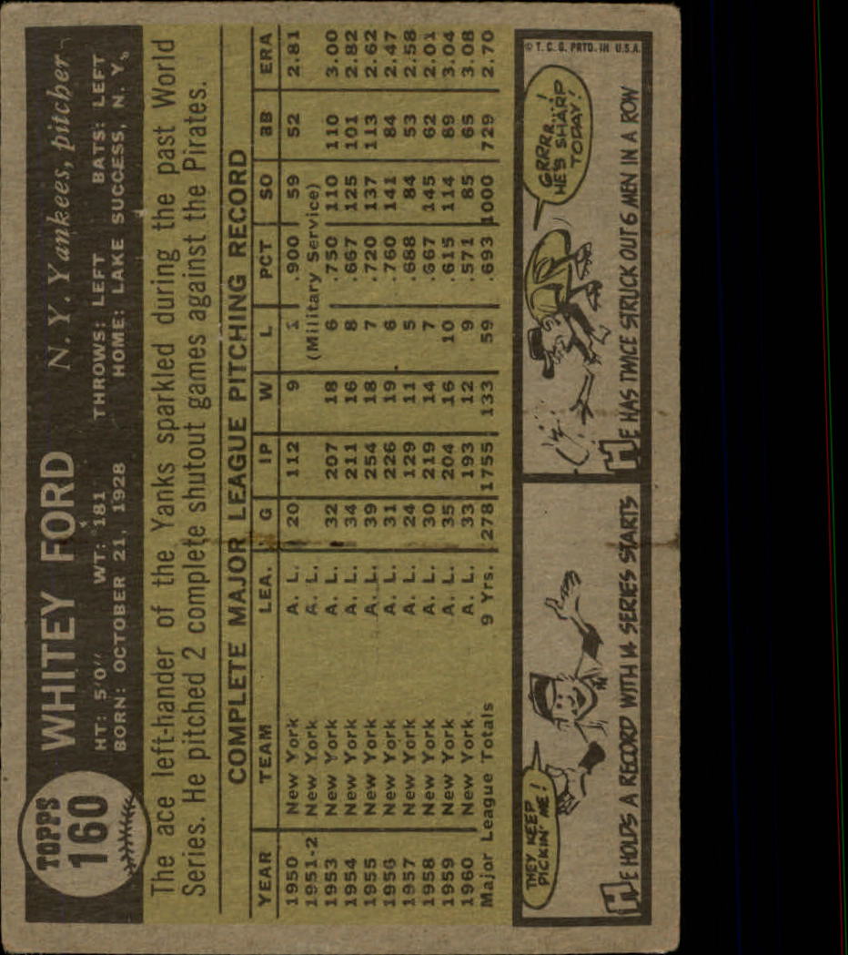 1961 Topps #160 Whitey Ford UER/Incorrectly listed/as 5'0 tall back image