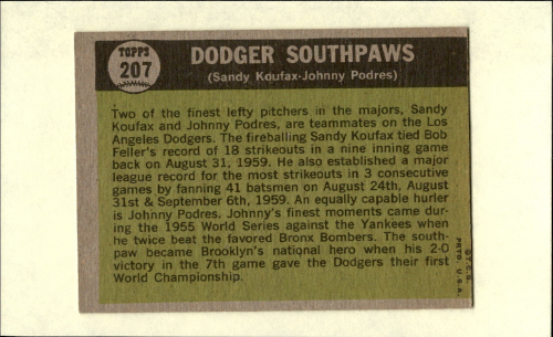 1961 Topps #207 Dodger Southpaws/Sandy Koufax/Johnny Podres back image