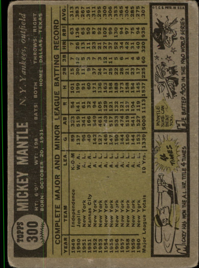 1961 Topps #300 Mickey Mantle Yankees HOF 7 - NM B61T 11 8437