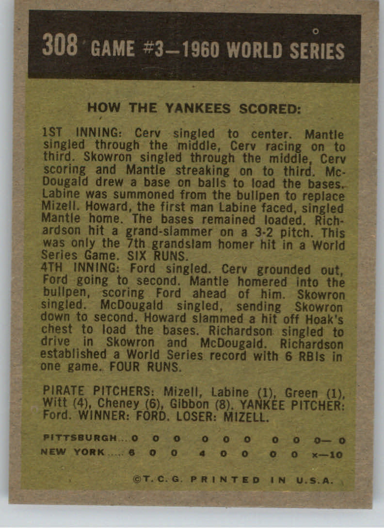 1961 Topps #308 World Series Game 3/Bobby Richardson back image