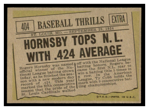 1961 Topps #404 Rogers Hornsby .424 back image
