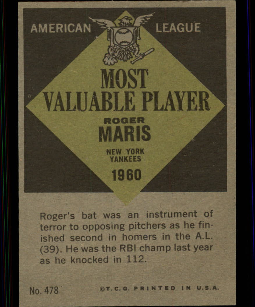 1961 Topps #478 Roger Maris MVP back image