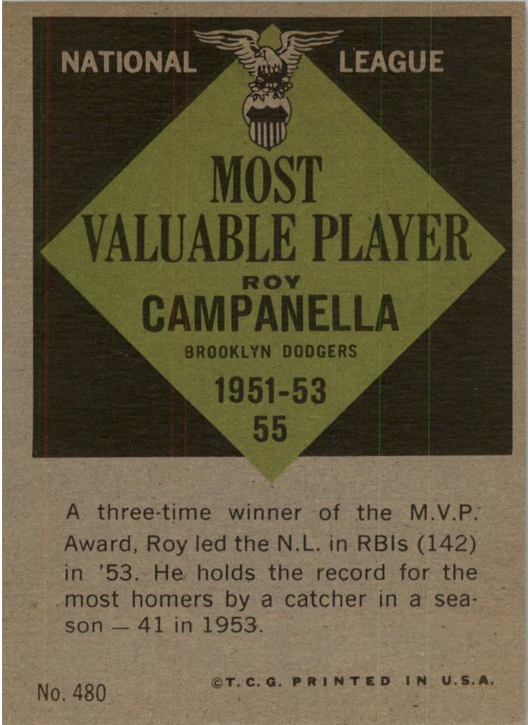 1961 Topps #480 Roy Campanella MVP back image