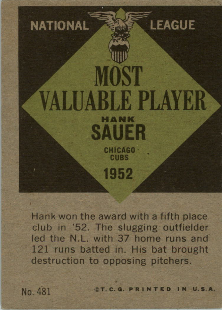 1961 Topps #481 Hank Sauer MVP back image