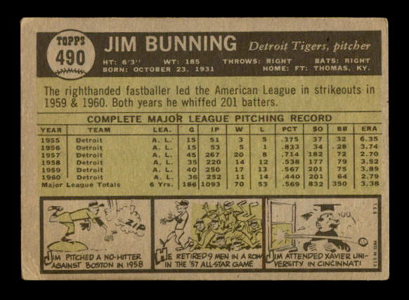 1961 Topps #490 Jim Bunning back image