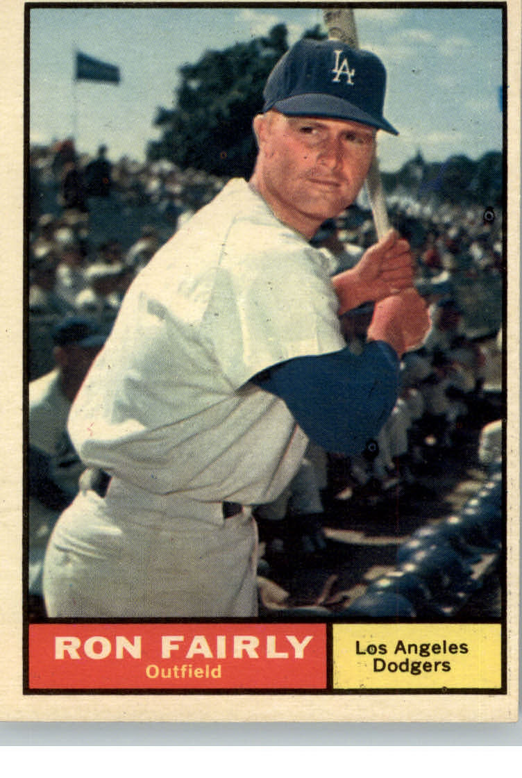 1961 Topps #492A Ron Fairly/Area below bottom stitch of baseball is white