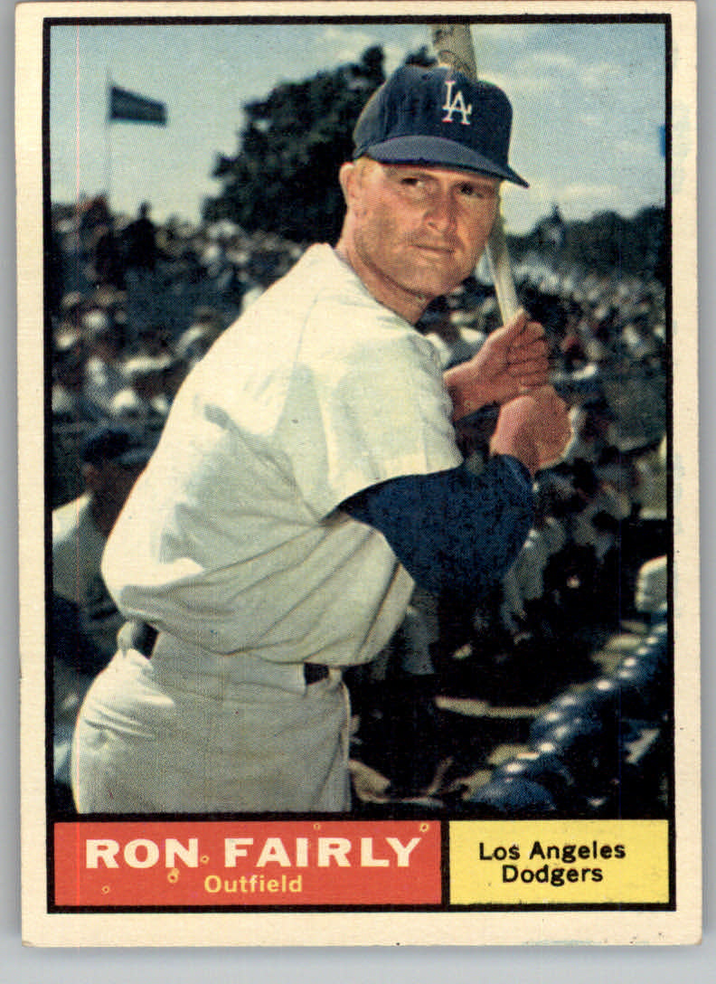 1961 Topps #492A Ron Fairly/Area below bottom stitch of baseball is white