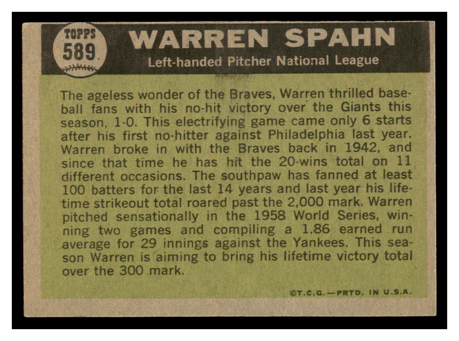 1961 Topps #589 Warren Spahn AS back image