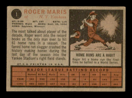 1962 Topps #1 Roger Maris back image