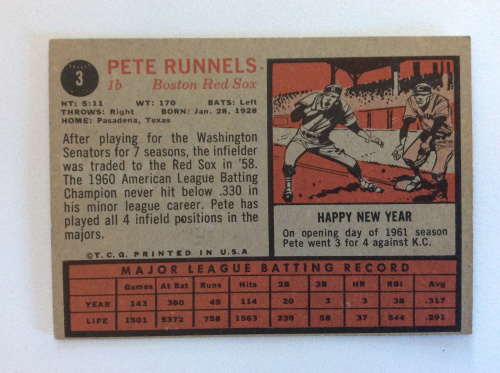 1962 Topps #3 Pete Runnels back image