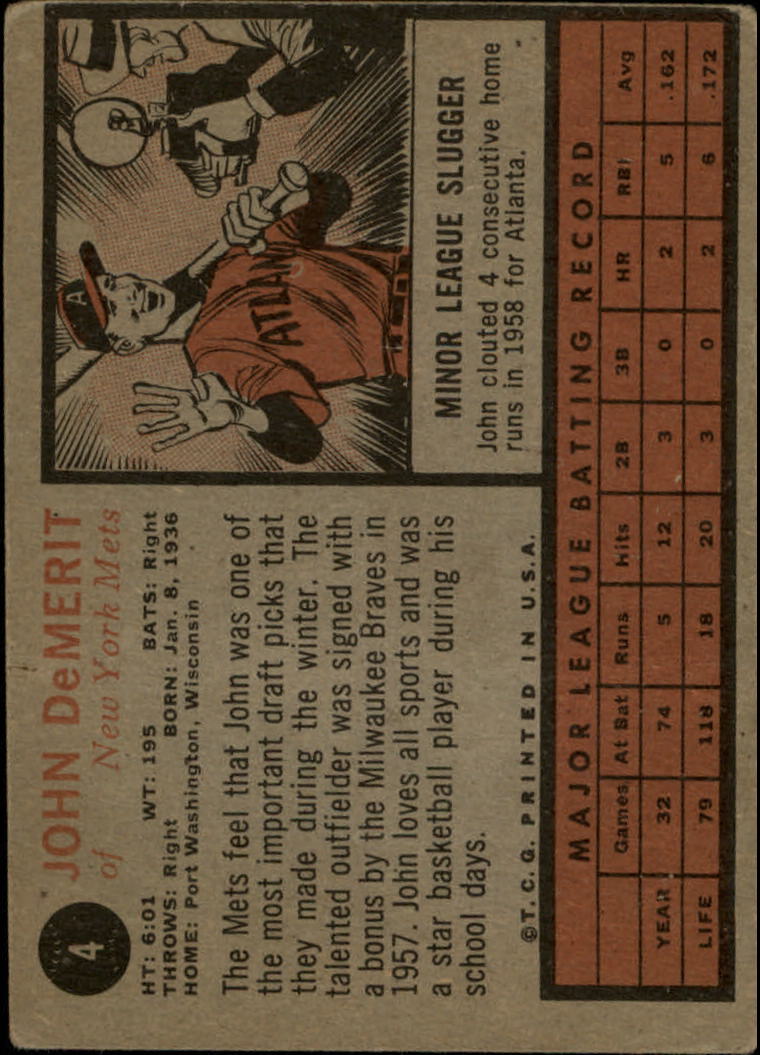 1962 Topps #4 John DeMerit back image
