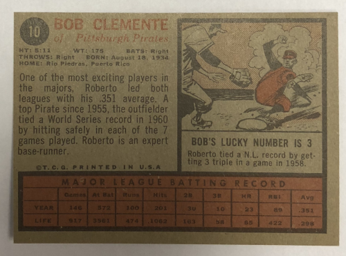 1962 Topps #10 Roberto Clemente back image