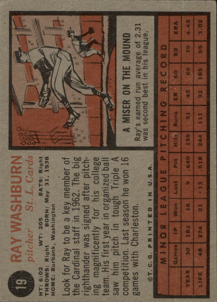 1962 Topps #19 Ray Washburn RC back image