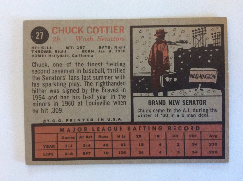 1962 Topps #27 Chuck Cottier back image
