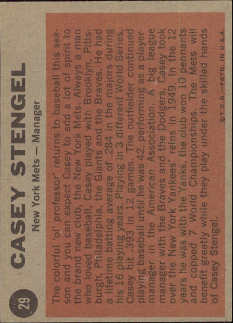 1962 Topps #29 Casey Stengel MG back image