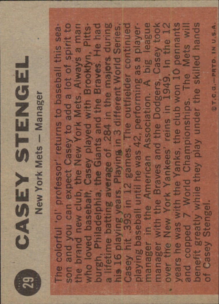1962 Topps #29 Casey Stengel MG back image