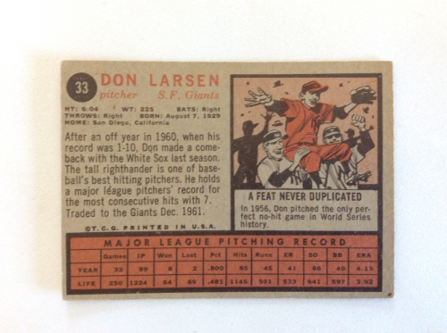 1962 Topps #33 Don Larsen back image