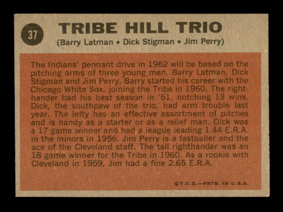 1962 Topps #37 Tribe Hill Trio/Barry Latman/Dick Stigman/Jim Perry back image
